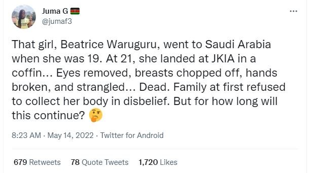 Juma g jumaf3 that girl, beatrice waruguru went to saudi arabia when she was 19.