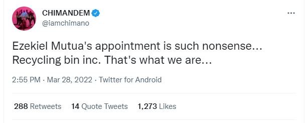 Chimandem iamchimano ezekiel mutua's appointment is such nonsense recycling bin