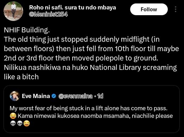 Roho ni safi. sura tu ndo mbaya meninist254 follow nhif building. the old thing