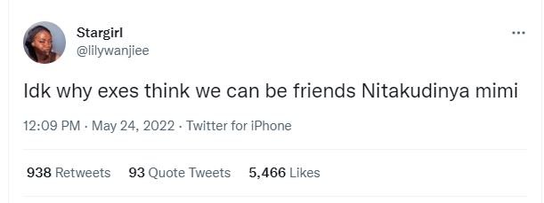 Stargirl lilywanjiee idk why exes think we can be friends nitakudinya mimi 12.09