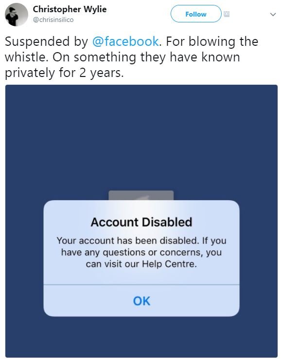 Christopher wylie chrisinsilico follow suspended by facebook. for blowing the wh