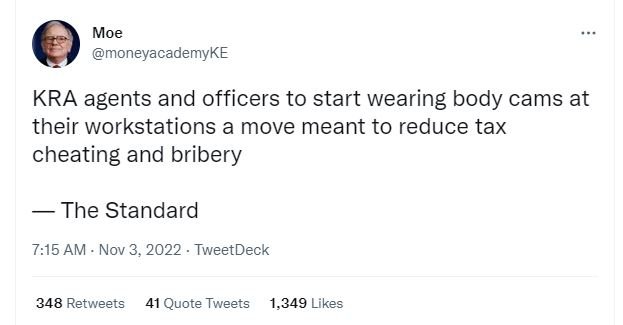 Moe moneyacademyke kra agents and officers to start wearing body cams at their w