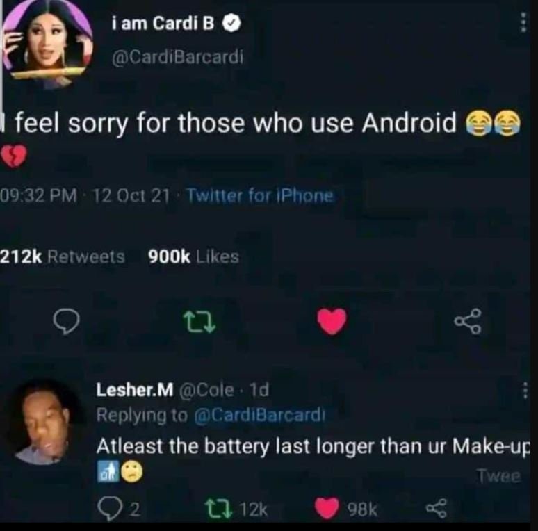 Iam cardi b 0 cardibarcardi feel sorry for those who use android 09.32 pm 12 ocı