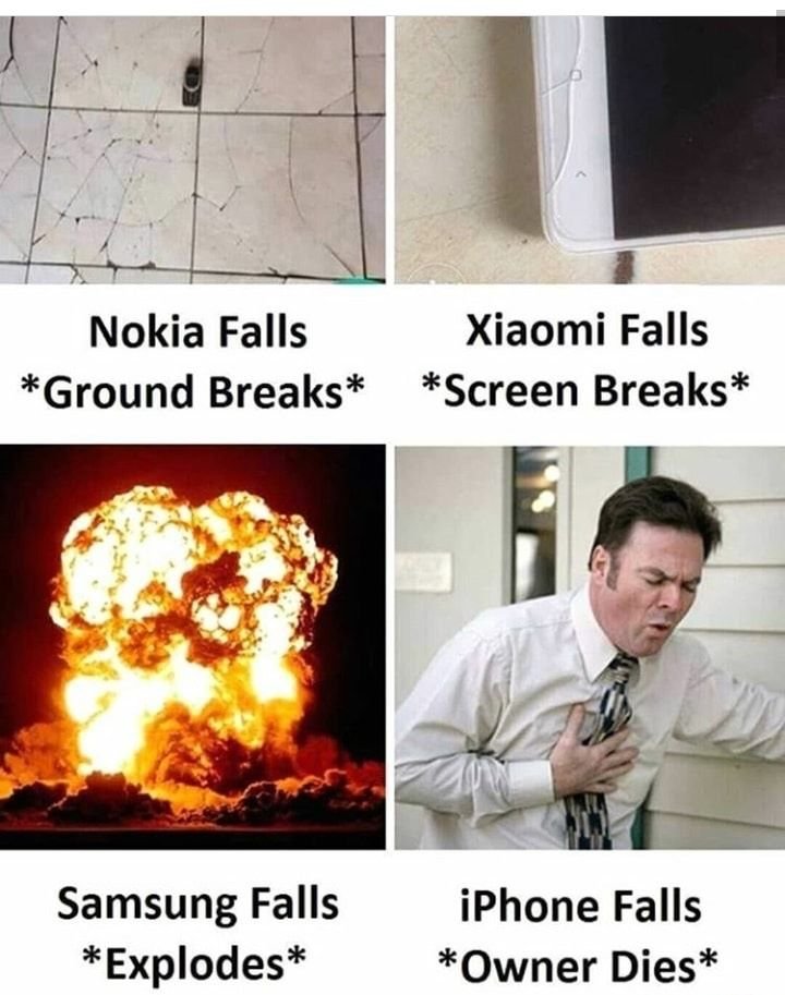 Nokia falls 'ground breaks xiaomi falls screen breaks samsung falls explodes iph