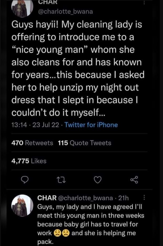 Chak charlotte_bwana guys hayii! my cleaning lady is offering to introduce me to