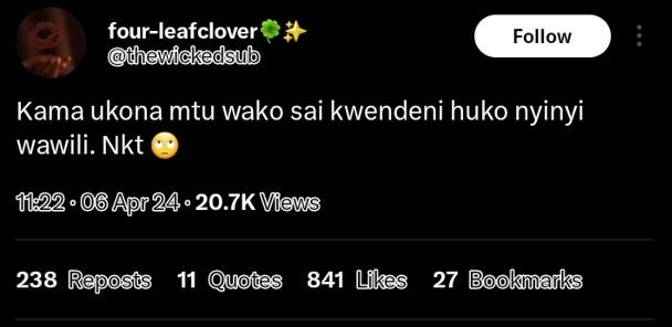 Fourleafclover thewickadsub follow kama ukona mtu wako sai kwendeni huko nyinyi