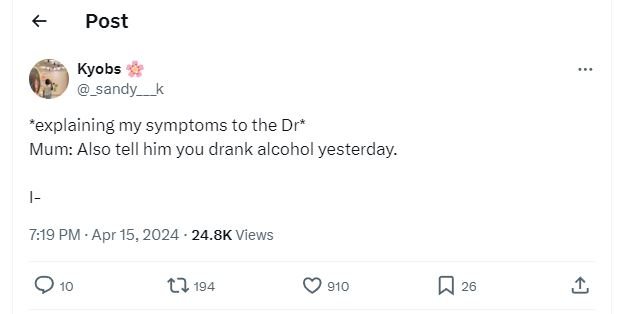 Post kyobs _sandy 'explaining my symptoms to the dr mum also tell him you drank