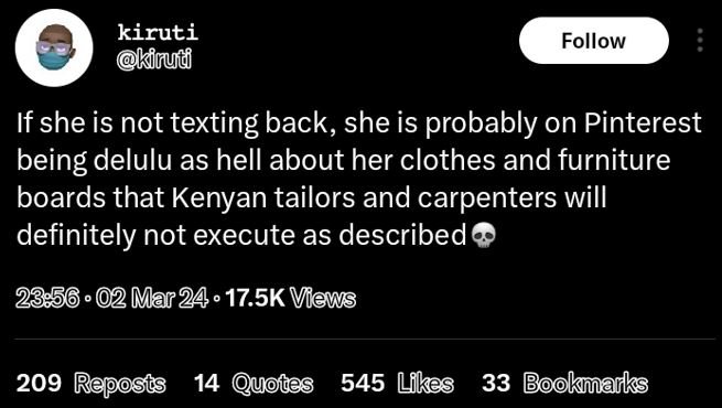 Kiruti kirud follow if she is not texting back, she is probably on pinterest bei