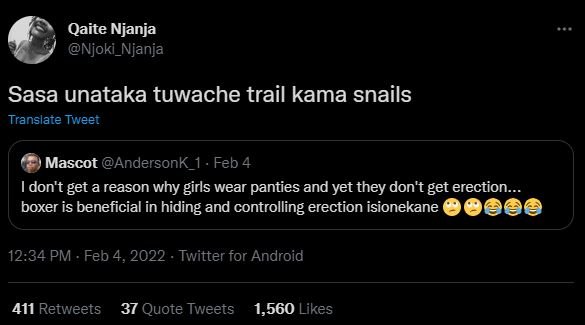 Qaite Njanja Njoki_Njanja Sasa unataka tuwache trail kama snails Translate Tweet
