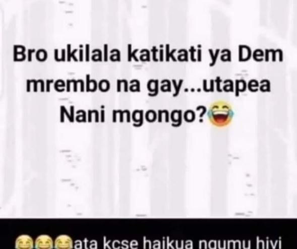 Bro ukilala katikati ya Dem mrembo na gay.utapea Nani mgongo? lata kcse haikua n