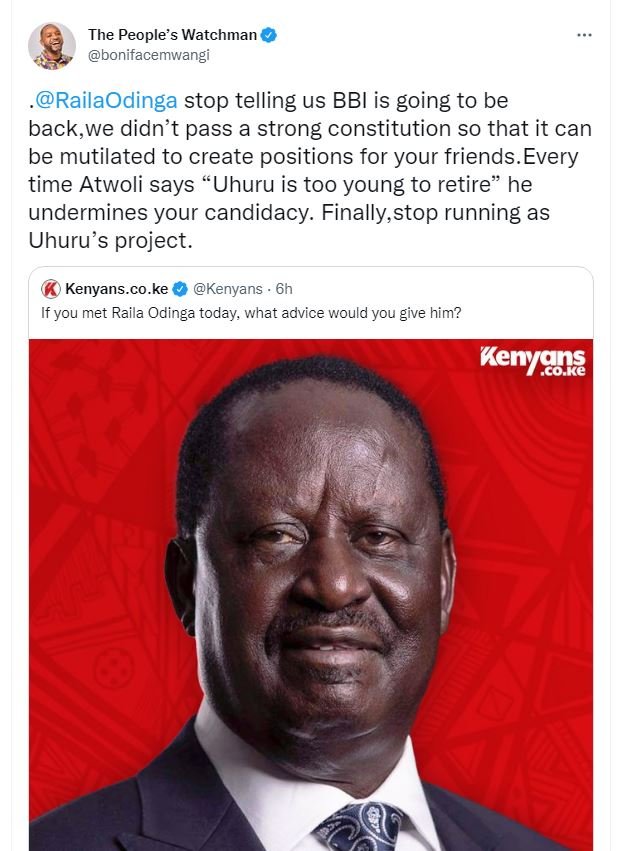 The people' s watchman bonifacemwangi railaodinga stop telling us bbi is going t