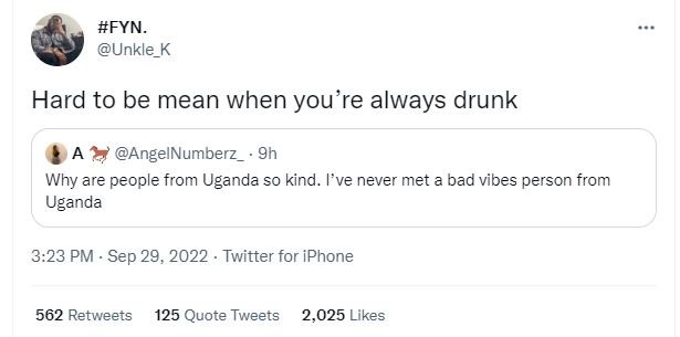 Fyn. unkle_k hard to be mean when you're always drunk angelnumberz 9h why are pe