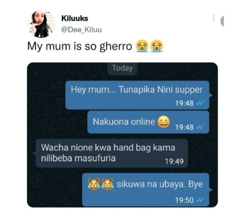 Klluuks dee_kiluu my mum is so gherro today hey mum_ tunapika nini supper 19,48