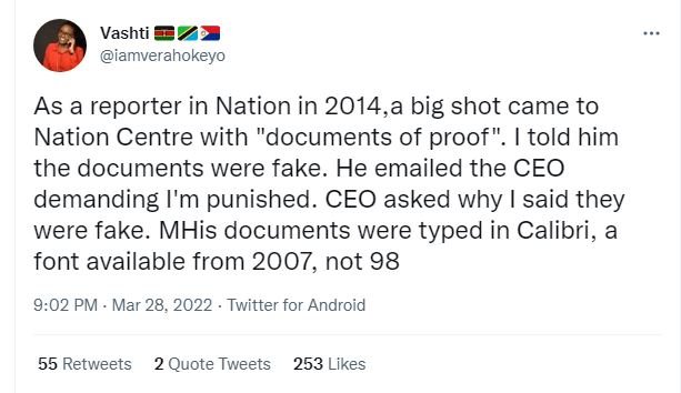 Vashti iamverahokeyo as a reporter in nation in ,a big shot came to nation centr