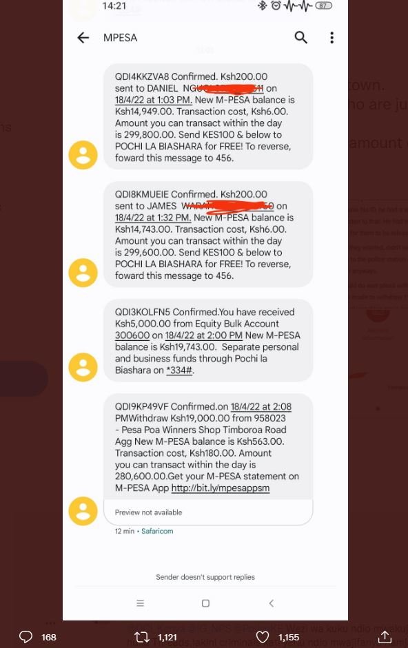 14.21 8 vhvhgd mpesa odiakkzva8b confirmed. ksh2oo.0o sent to daniel ng 18422 at