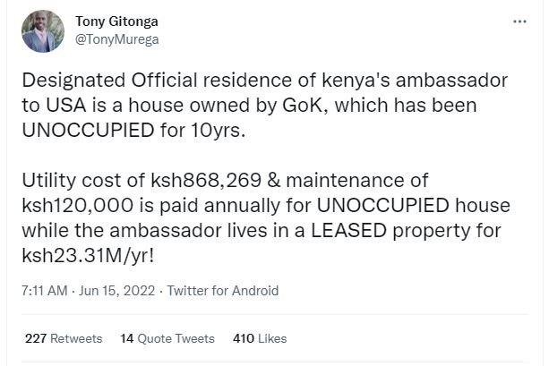 Tony gitonga tonymurega designated official residence of kenya's ambassador to u