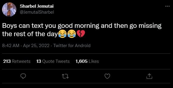 Sharbel jemutai jemutaisharbel boys can text you good morning and then go missin