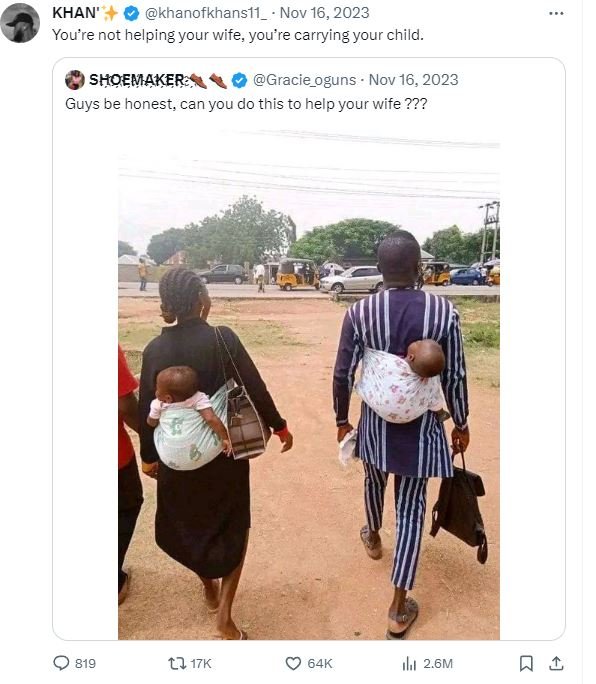Khan' khanofkhansl1 _ nov 16, you're not helping your wife, you're 'carrying you