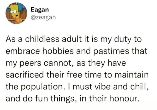 Eagan zeagan as a childless adult it is my duty to embrace hobbies and pastimes