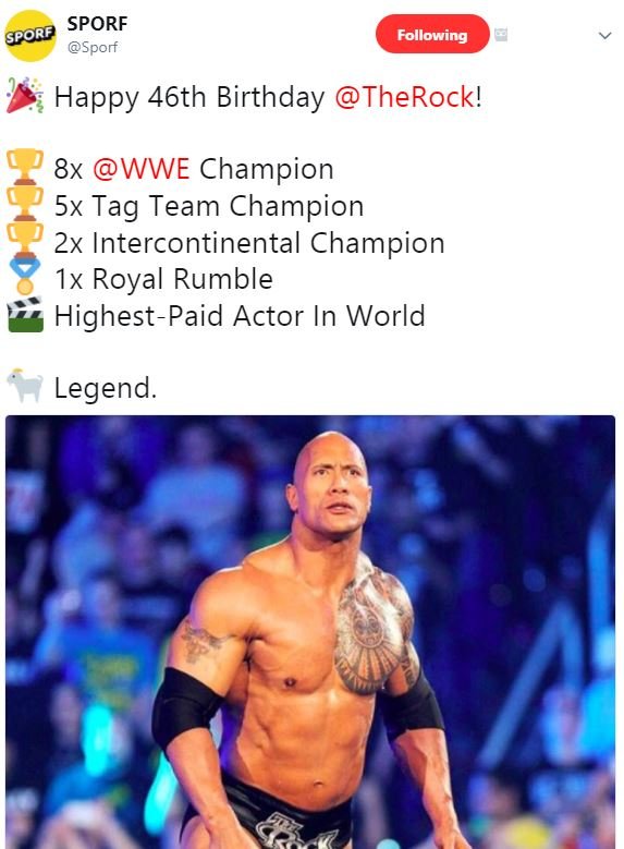 Sporf sporr sporf following happy 46th birthday therock! 8x wwe champion 5x tag