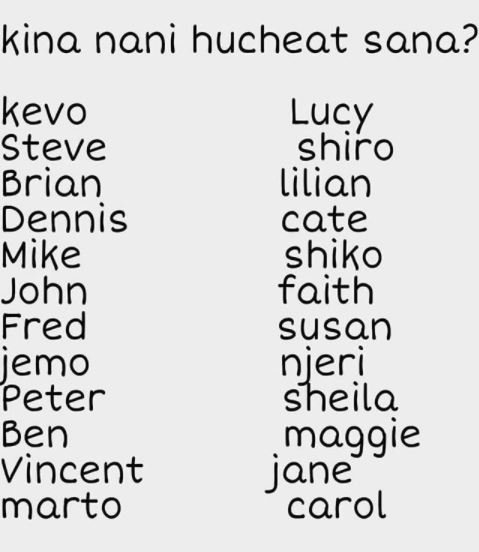 Kina nani hucheat sana? kevo lucy steve shiro brian lilian dennis cate mike shik