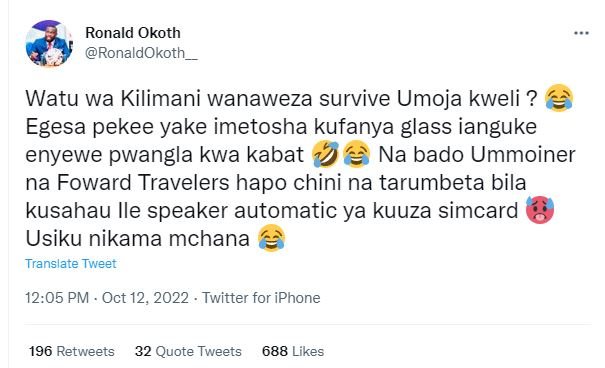 Ronald okoth ronaldokoth watu wa kilimani wanaweza survive umoja kweli ? egesa p