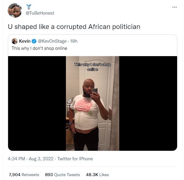 Tubehonest u shaped like a corrupted african politician kevín kevonstage . 19h t
