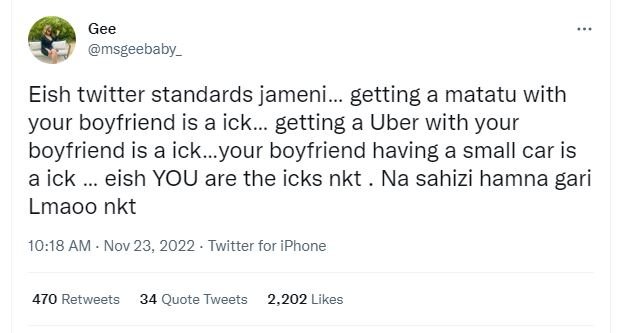 Gee msgeebaby_ eish twitter standards jameni. getting a matatu with your boyfrie