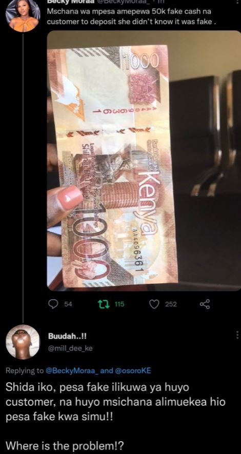 Deucc mschana wa mpesa amepewa 5ok fake cash na customer to deposit she didn' t