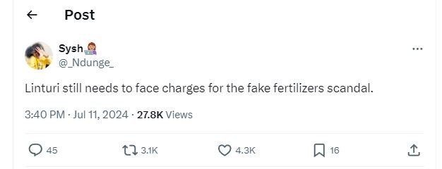 Post sysh ndunge linturi still needs to face charges for the fake fertilizers sc