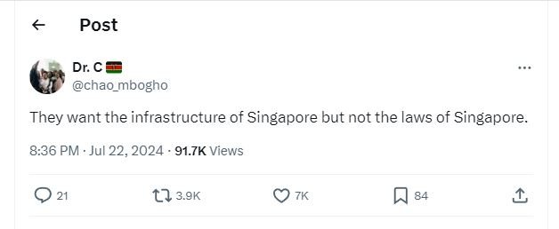 Post dr. c chao_mbogho they want the infrastructure of singapore but not the law
