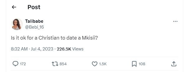 Post talibabe bebi_16 is it ok for a christian to date a mkisii? 8.32 am . jul 4