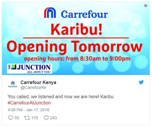 Carrefour karibu! opening tomorrow opening hours from 8.3oam to 9oopm jjunction