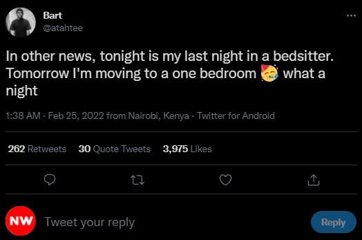 Bart atahtee In other news, tonight is my last night in a bedsitter. Tomorrow l'