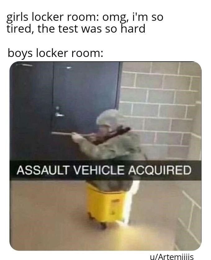 Girls locker room omg, i'm so tired, the test was so hard boys locker room assau