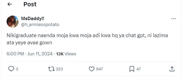 Post msdaddyl harmlesspotato nikigraduate naenda moja kwa moja adi kwa hq ya cha