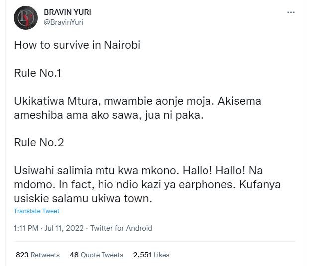 Bravin yuri bravinyuri how to survive in nairobi rule no.1 ukikatiwa mtura, mwam