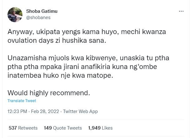 Shoba gatimu shobanes anyway ukipata yengs kama huyo, mechi kwanza ovulation day