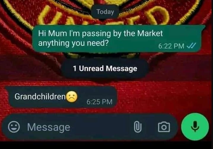 Today hi mum i'm passing by the market anything you need? 6.22 pm 1 unread messa