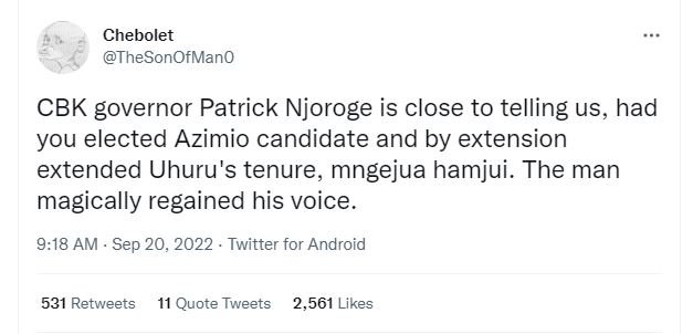 Chebolet thesonofmano cbk governor patrick njoroge is close to telling us, had y