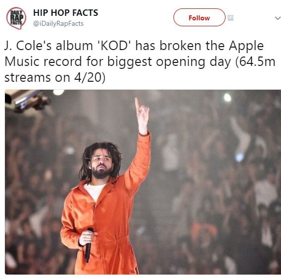 Hip hop facts idailyrapfacts follow j. cole's album 'kod' has broken the apple m
