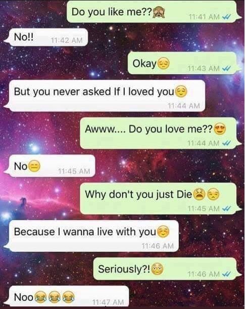 Do you like me?? 1141 am no!! 11,42 am 71 43 but you never asked if loved you am