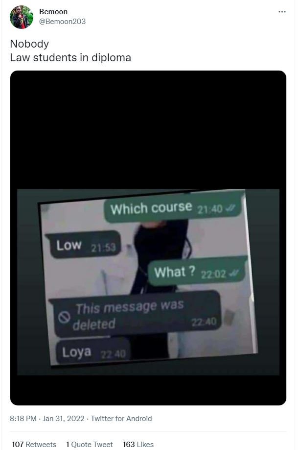 Bemoon Bemoon203 Nobody Law students in diploma Which course 21 40 Low 21 51 Wha