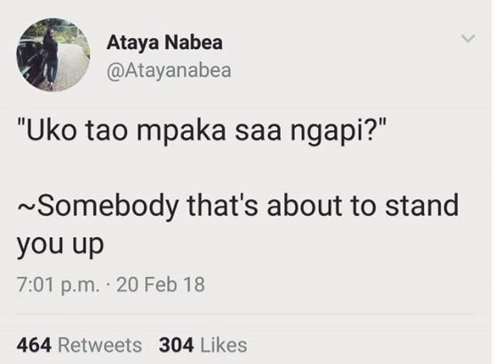 Ataya nabea atayanabea uko tao mpaka saa ngapi?' somebody that's about to stand