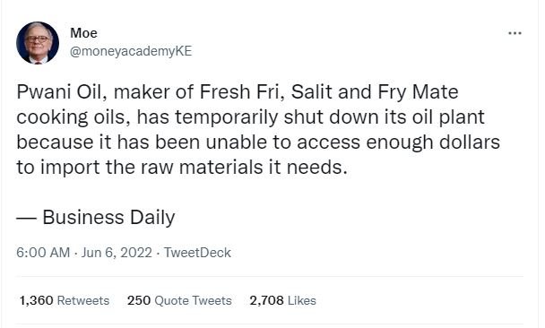 Moe moneyacademyke pwani oil, maker of fresh fri, salit and fry mate cooking oil