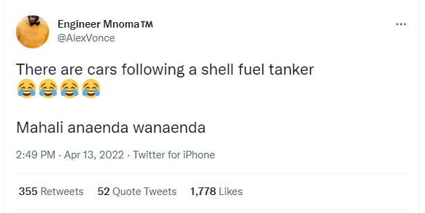 Engineer mnoma tm alexvonce there are cars following a shell fuel tanker mahali