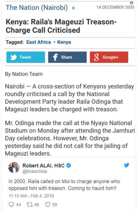 The nation nairobi 14 december kenya raila's mageuzi treason charge call critici