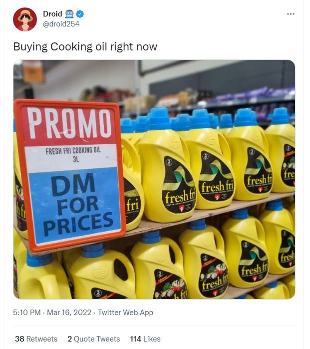 Droid droid254 buying cooking oil right now promo fresh fri cookimg oil dm fresh