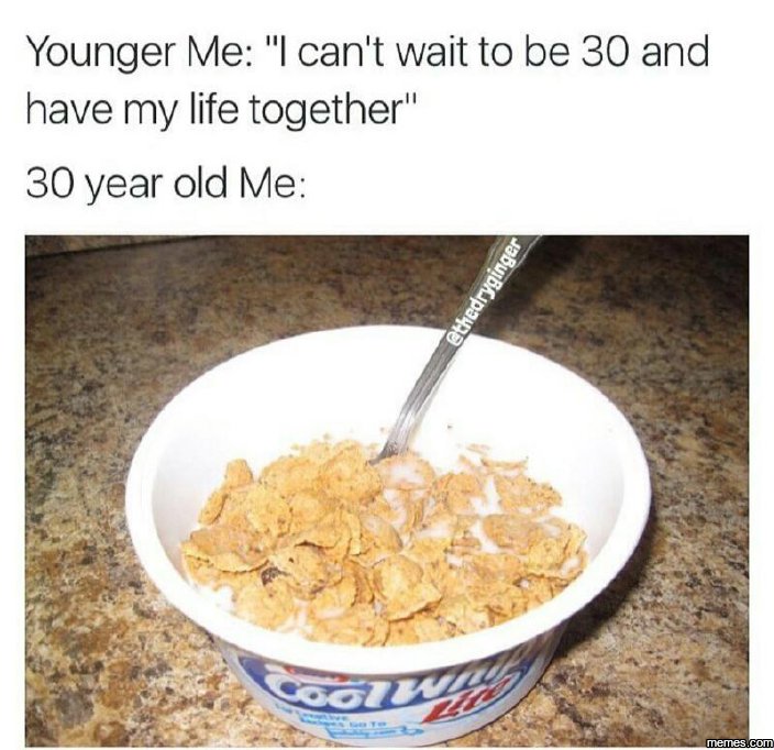 Younger me can't wait to be 30 and have my life together 30 year old me 1
