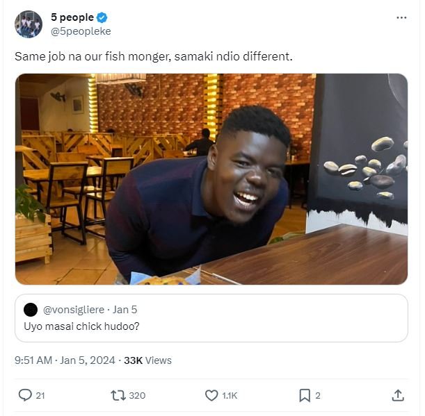 5 people 5peopleke same job na our fish monger samaki ndio different. vonsiglier